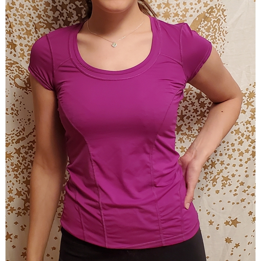 Zella Fuschia Short Sleeve Active Top with Scoop Neck & Mesh Back